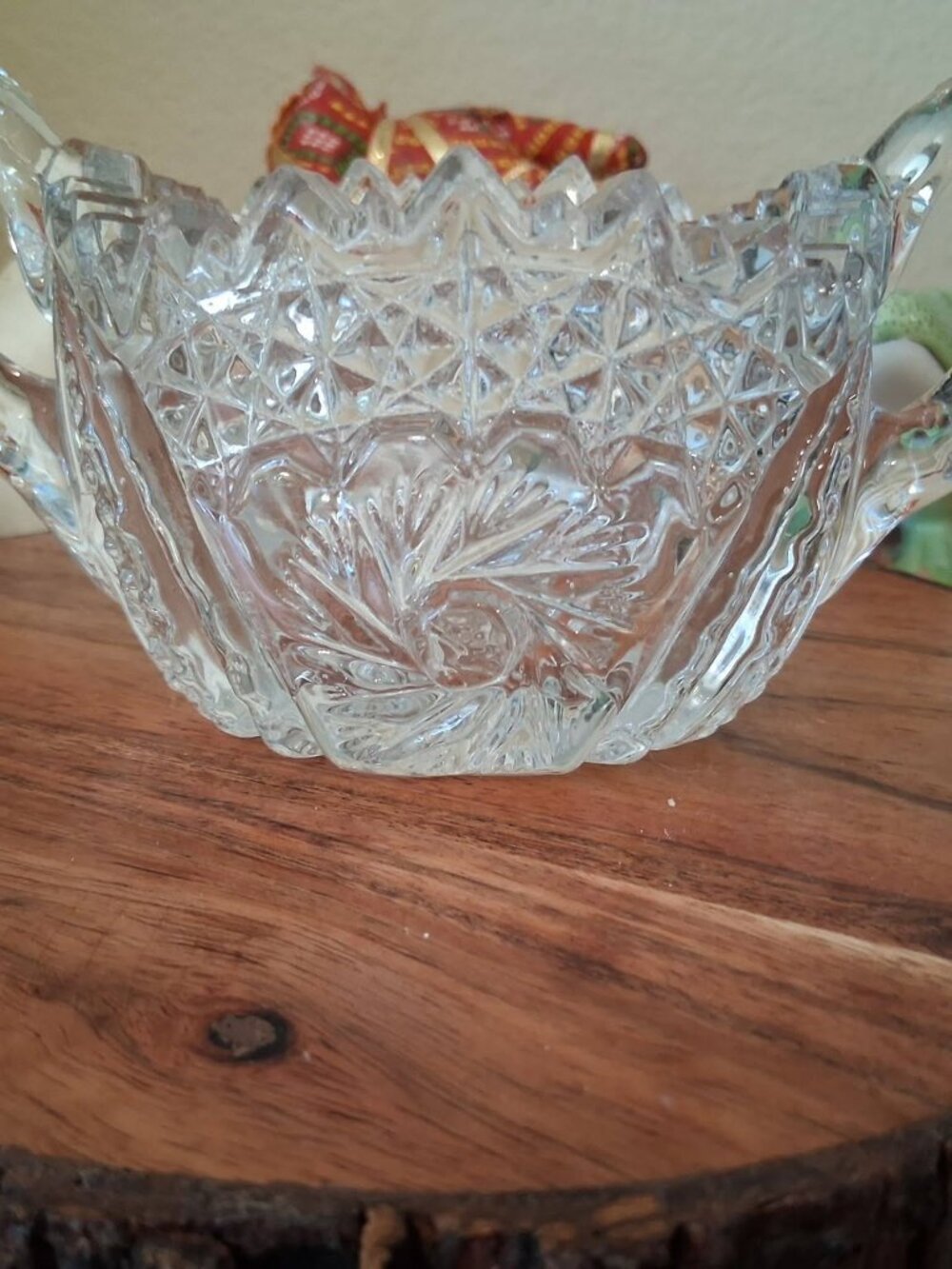 Vintage Cut Crystal Double Handled Sugar Bowl Pinwheel Star